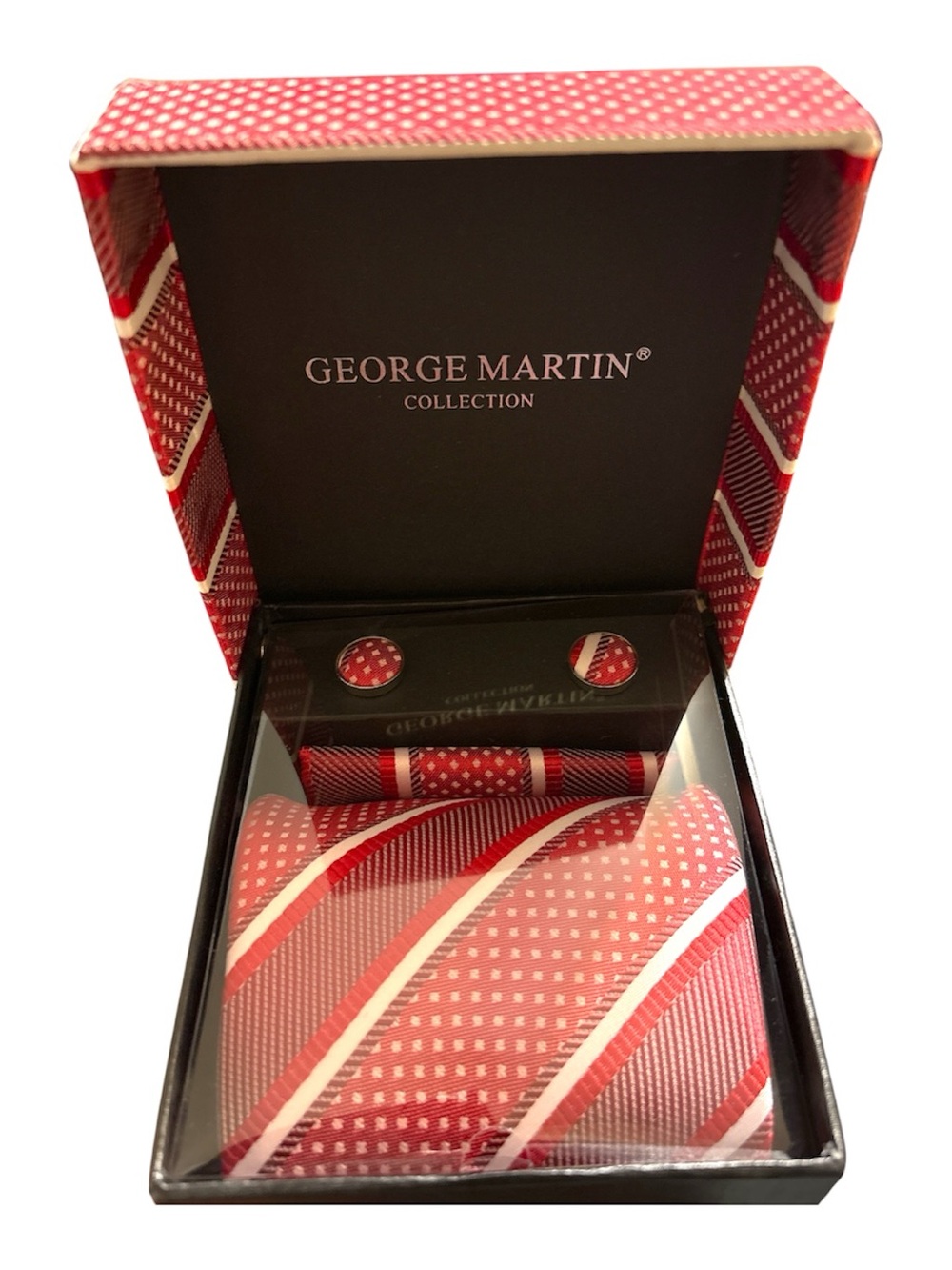 New in box, Red striped tie, pocket square, & cufflinks set